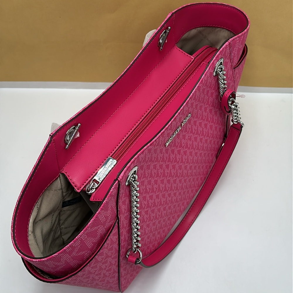 MICHAEL KORS  Jet Set Travel Large Signature Chain Shoulder Tote Bag Dragonfruit - Picture 9 of 14